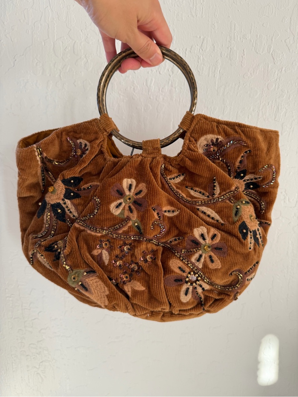 Embroidered Corduroy Handbag with Metal Ring Handles - Brown